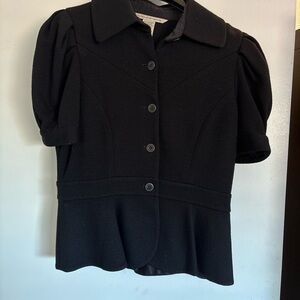 Diane von Furstenberg Black Wool Peplum Blouse Puff Sleeve Button Front Size 10